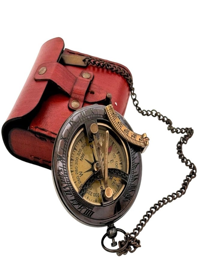 BAZROSS Handcrafted Vintage Brass Sundial Compass - Antique Nautical Sun Clock with Leather Case - Engraved Collectible Brass Compass Gift for Men - Christmas & Holiday Collection Gift - Image 1